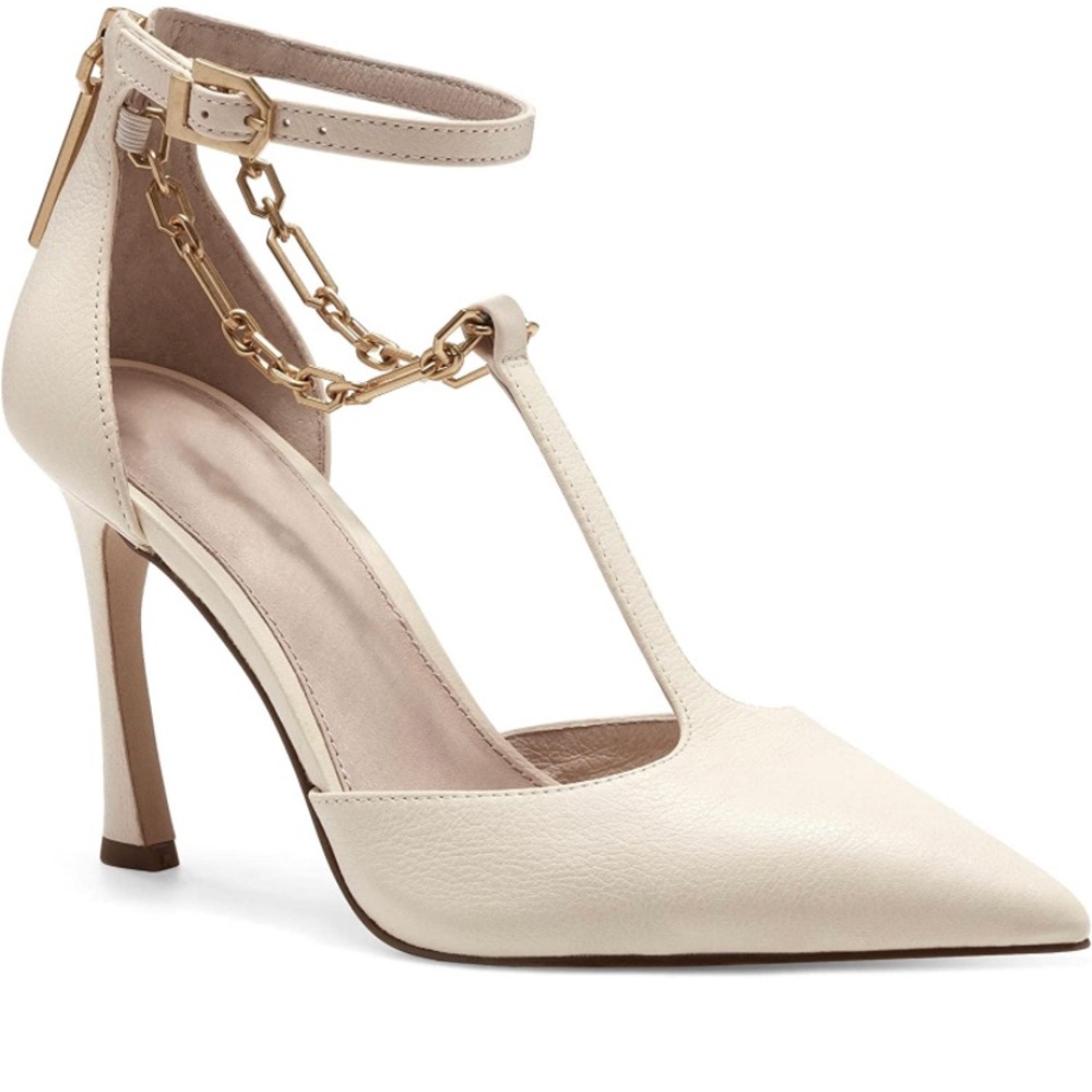 New PiePieBuy Womens Ankle Strap Pumps Closed Pointed Toe T-Strap Chain Shoes